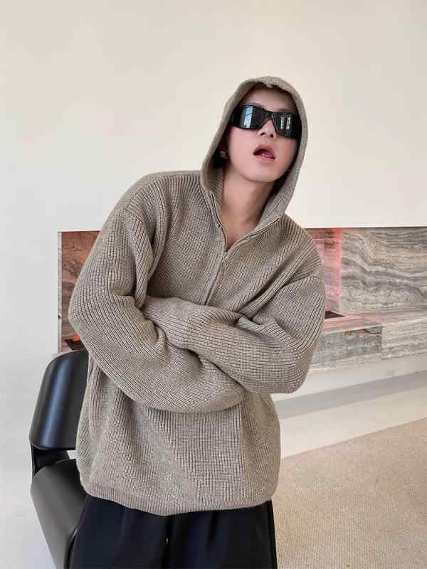 ニット メンズ プルオーバー パーカー 長袖 秋冬 韓国風 ゆったり カジュアル 配色 ポリエステル ブラック グレー ブラウン