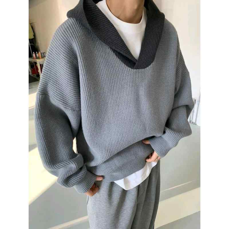 ニット メンズ ニットパーカー グレー系 切り替え バイカラー ウール混紡 プルオーバー 普段使い 韓国風 秋冬