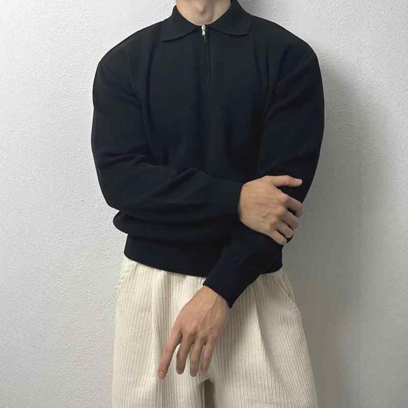 ポロシャツ メンズ 長袖 ニット スリムフィット ワークウェア風 ハーフジップ 襟付き トップス ポリエステル ブラック グレー スポーティー(4)