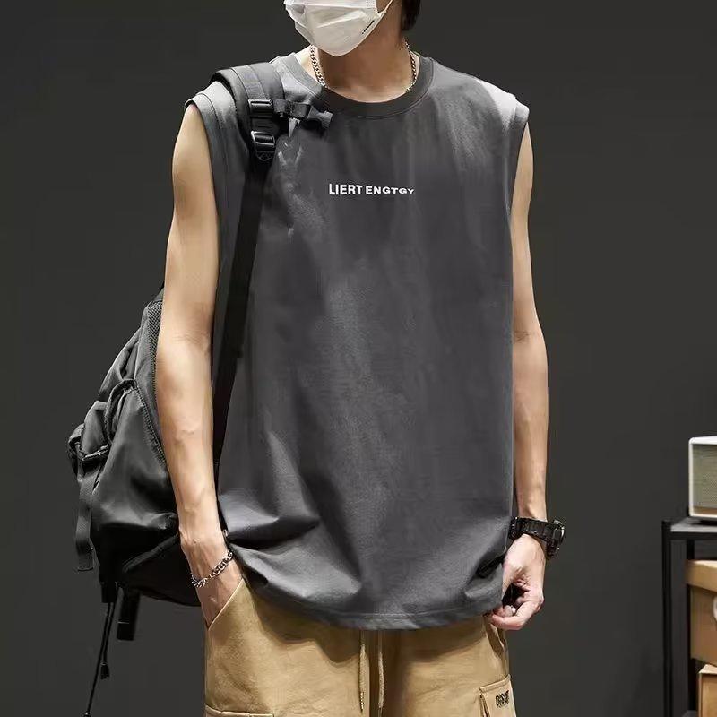 Tシャツ メンズ コットン タンクトップ 夏 スポーティー バスケットボール ノースリーブ トップス ティーン プリント ゆったり 汗染み防止 ブラック ホワイト グレー