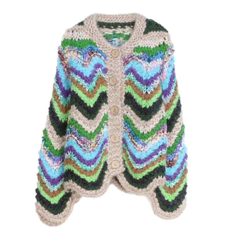 ニット カーディガン レディース 丸首 波柄 ゆったり 長袖 ニットトップス 秋冬 ケーブル編み 文芸風 レトロ 民族風 欧美風 普段使い 快適 休闲 グリーン