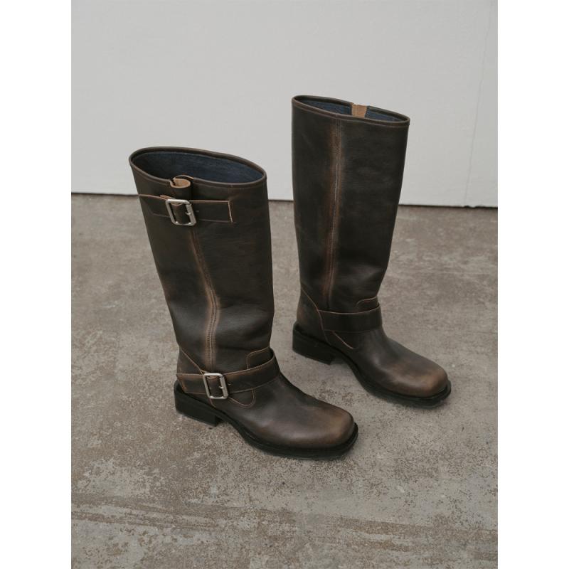 ブーツ レディース 騎士ブーツ 本革 レトロ ヴィンテージ加工 スクエアトゥ ミドル丈 チャンキーヒール..