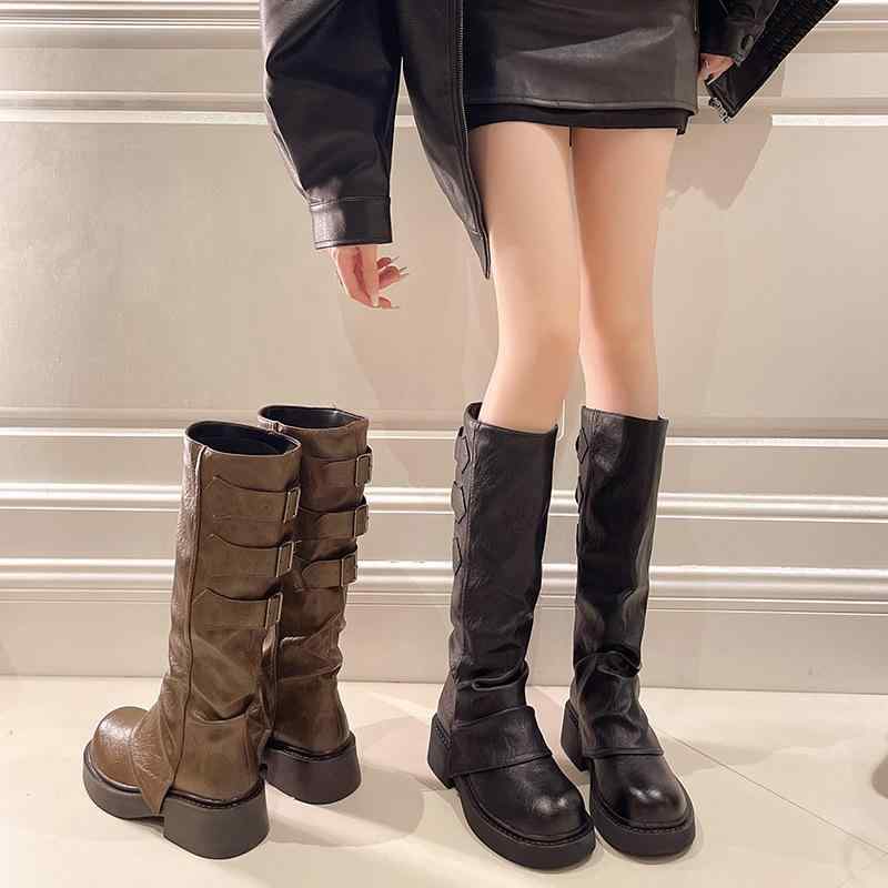 ブーツ レディース 厚底 ロングブーツ レザー ベルト スクエアヒール チャンキーヒール ハイカット 筒..