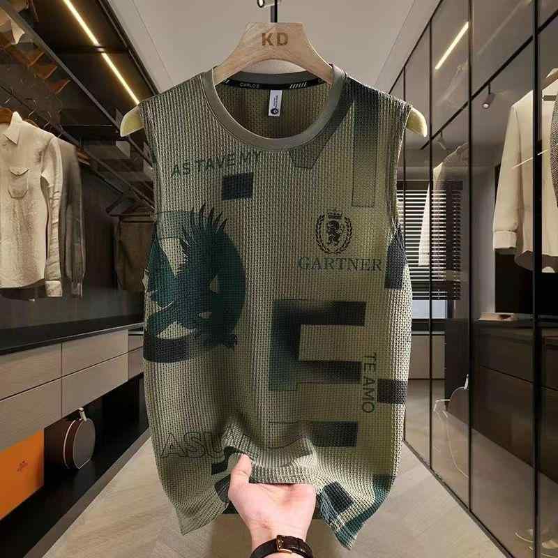 タンクトップ メンズ 男性用 接触冷感 プリント柄 ノースリーブ ルームウェア 部屋着 運動 スポーツ トレーニング ウェア トップス ポリエステル グリーン ホワイト 春夏