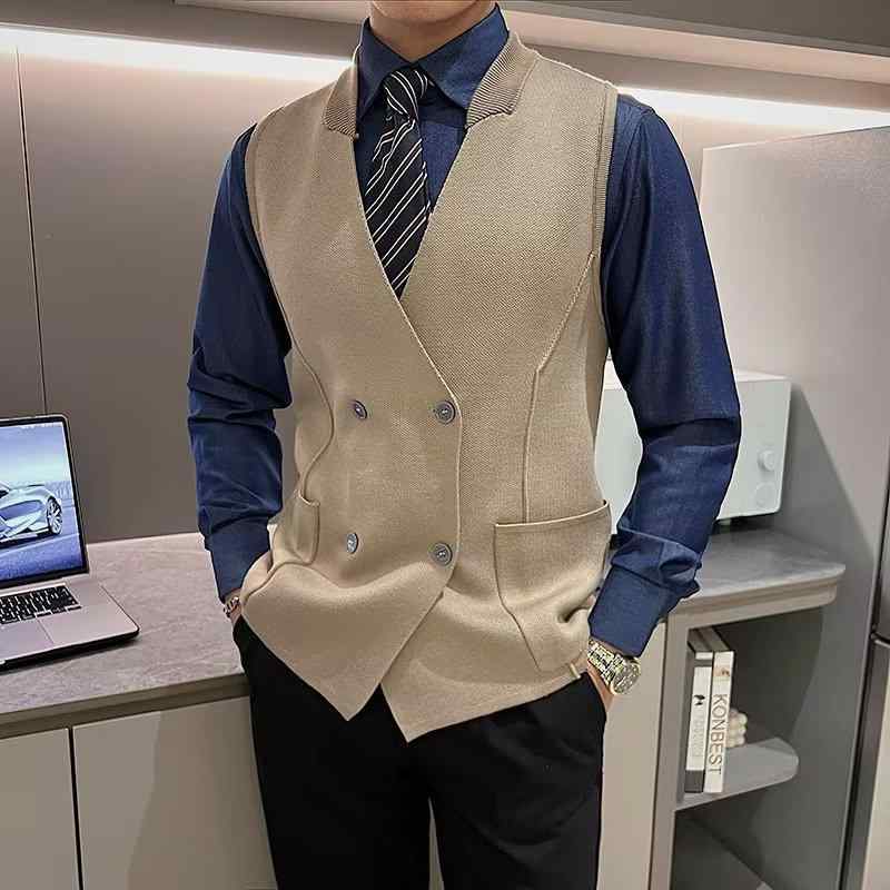 ニットベスト メンズ 英国風 Vネック ウール スリムフィット ダブルブレスト ノースリーブ セーター 男性用 秋冬 ストライプ柄 カジュアル 薄手