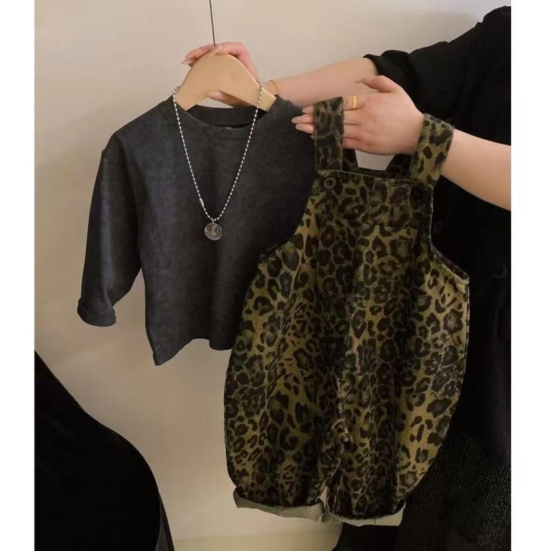 子供用パンツセット トップス ヒョウ柄 サロペット 2点セット 長袖Tシャツ カットソー 長ズボン 秋物 80cm 90cm 100cm 110cm 120cm 130cm