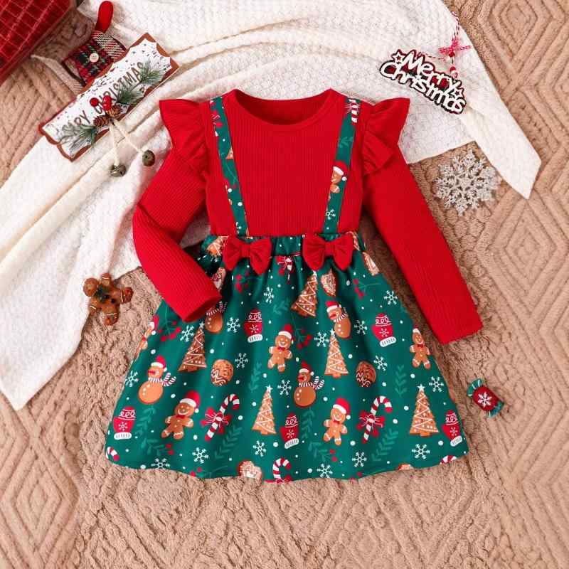 ワンピース キッズ 女の子 クリスマス 雪だるま 杖 クリスマスツリー プリント チュール フリル 長袖 ..