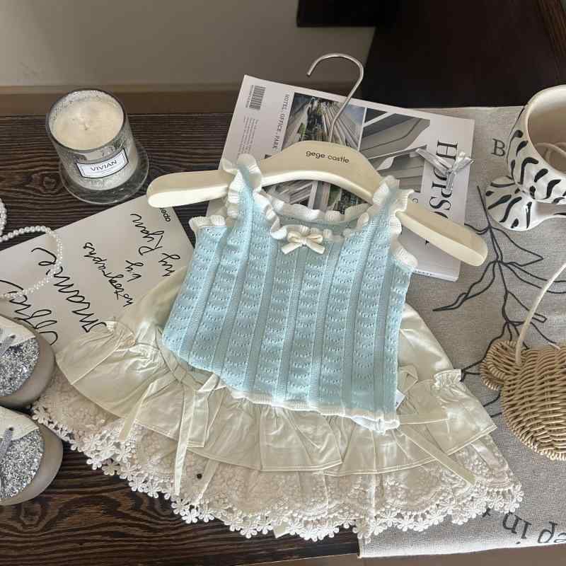 子供服 女の子 ニット キャミソール レース スカート付きパンツ 上下2点セット 薄手 無地 春夏 ブルー..