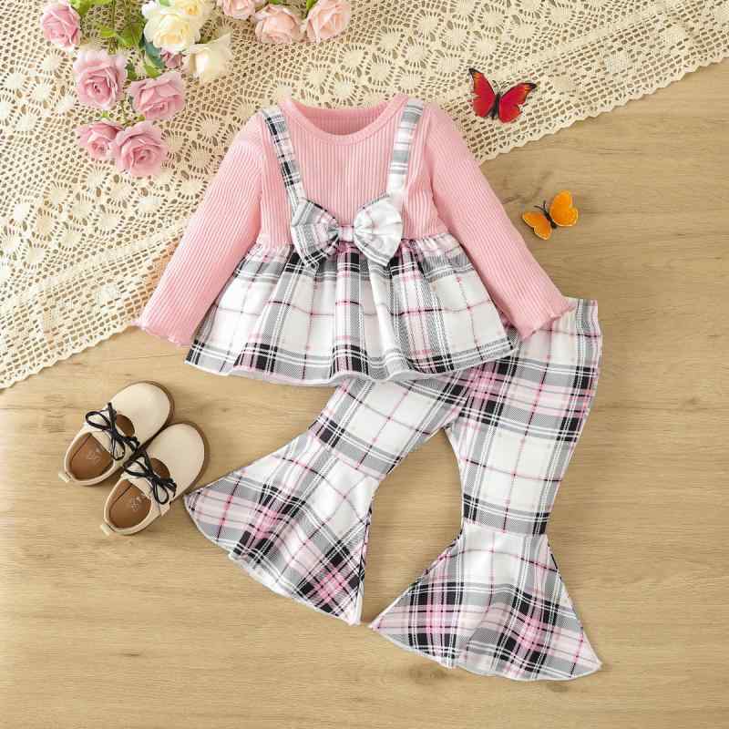 子供服 パンツセット 春秋 長袖 トップス 長ズボン チェック柄 幼児 女の子 赤 ピンク系 9-12M 12-18M ..