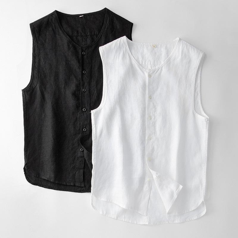 ベスト 男性用 麻 薄手 ノースリーブ 丸首 リラックスフィット ルームウェア 大きいサイズ ホワイト ブラック