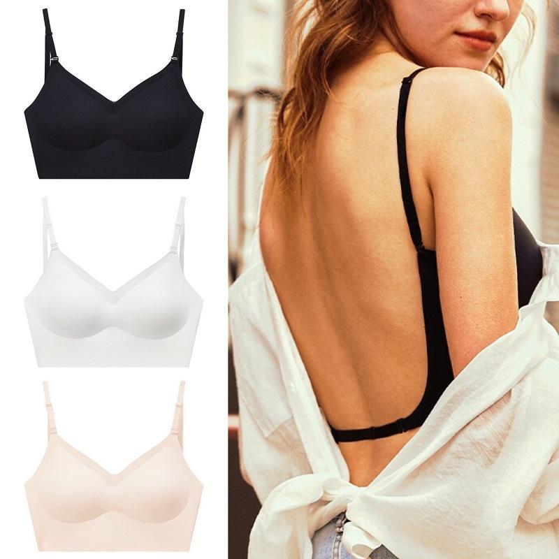 Women'S Underwear - ブラ無痕ブラジャー 女性用 セクシー 深Vバック 薄型 U字美背 ハングネック インビジブル 多様な着用法 快適 透気性 ニット ナイロン 3/4カップ 薄型カップ 着脱可能ストラップ 後ろシングルフック ブラック ホワイト ベージュ ダークベージュ パ