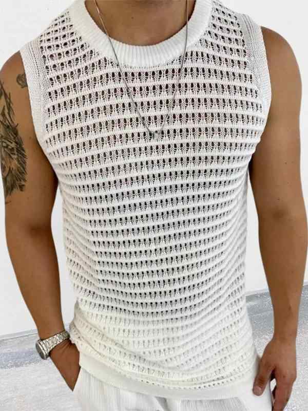 ニット メンズ ニットベスト 無袖 サマーニット 接触冷感 薄手 スリムフィット ブラック ホワイト M L XL XXL