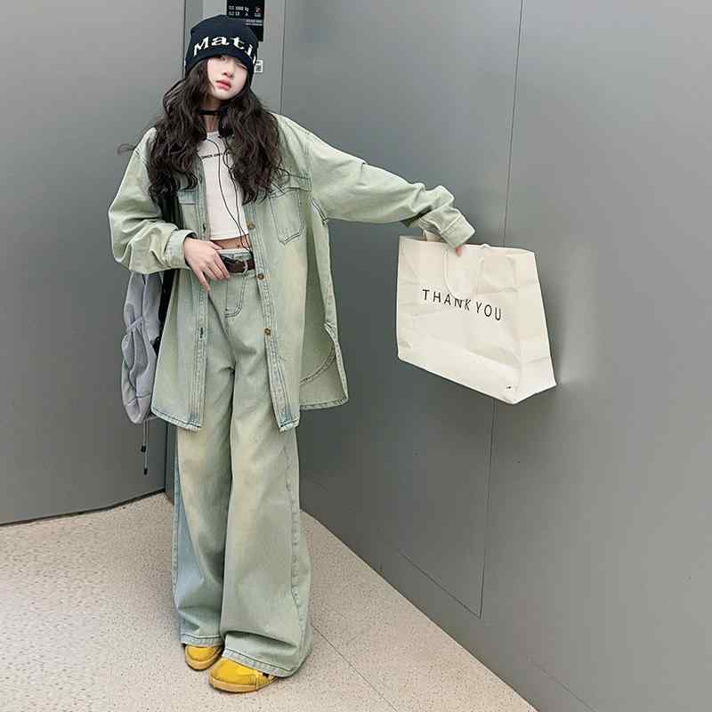 子供服 パンツセット 韓国風 デニム ジャケット ワイドレッグパンツ 2点セット ガールズ 秋服 普段着 ..