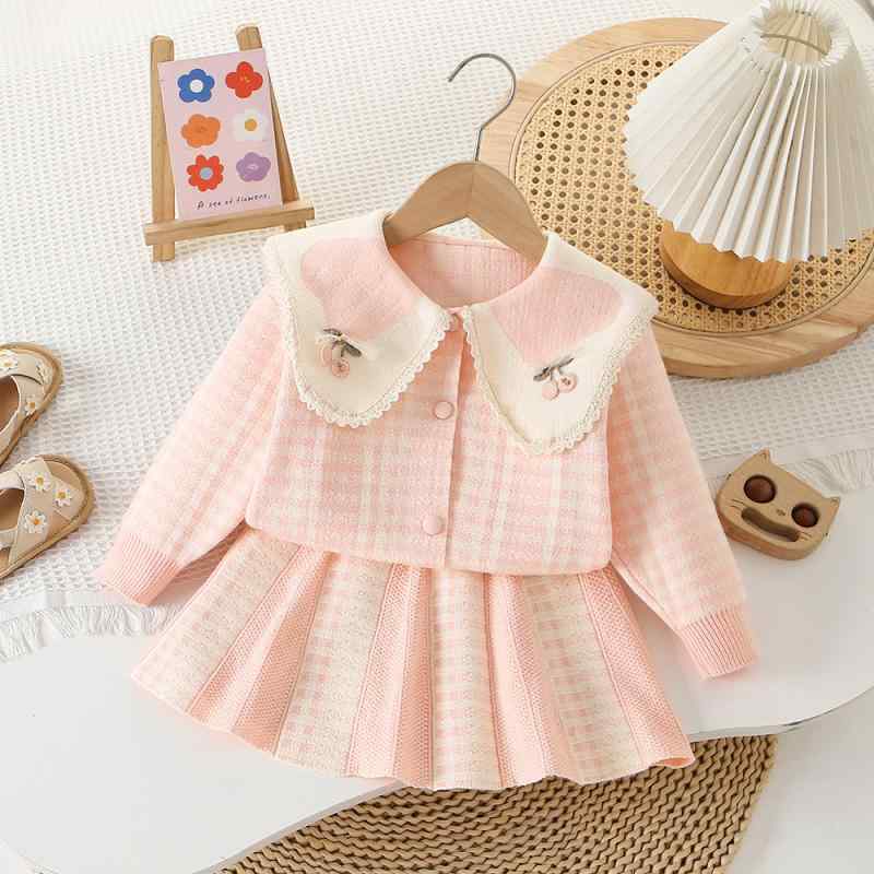 ニット セットアップ ガールズ 子供服 秋冬 格子柄 コート襟 カーディガン ジャケット ミニスカート 2点セット かわいい おしゃれ ピンク系 グリーン系 ベ...