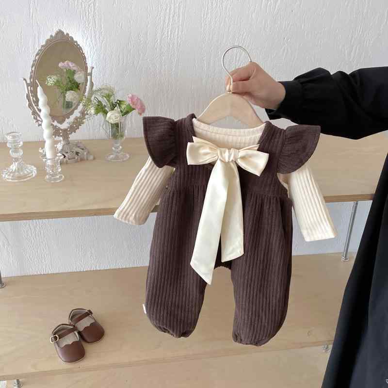 ベビー服 女の子 上下セット 韓国風 無袖 ロンパース パンツ 2点セット 綿 春秋 幼児 ブラウン系