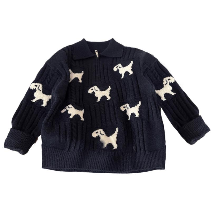 ニット・セーター キッズ 男の子 長袖 トップス プルオーバー 犬柄 春秋 薄手 90 100 110 120 130 140 ..