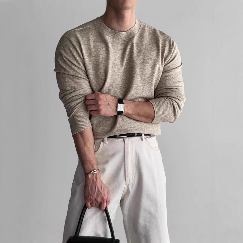 ニット メンズ ニットソー セーター 長袖 モダール混紡 丸首 スリムフィット プルオーバー リブ裾 カジュアル 普段使い 春秋 黒 白 灰色 キャメル