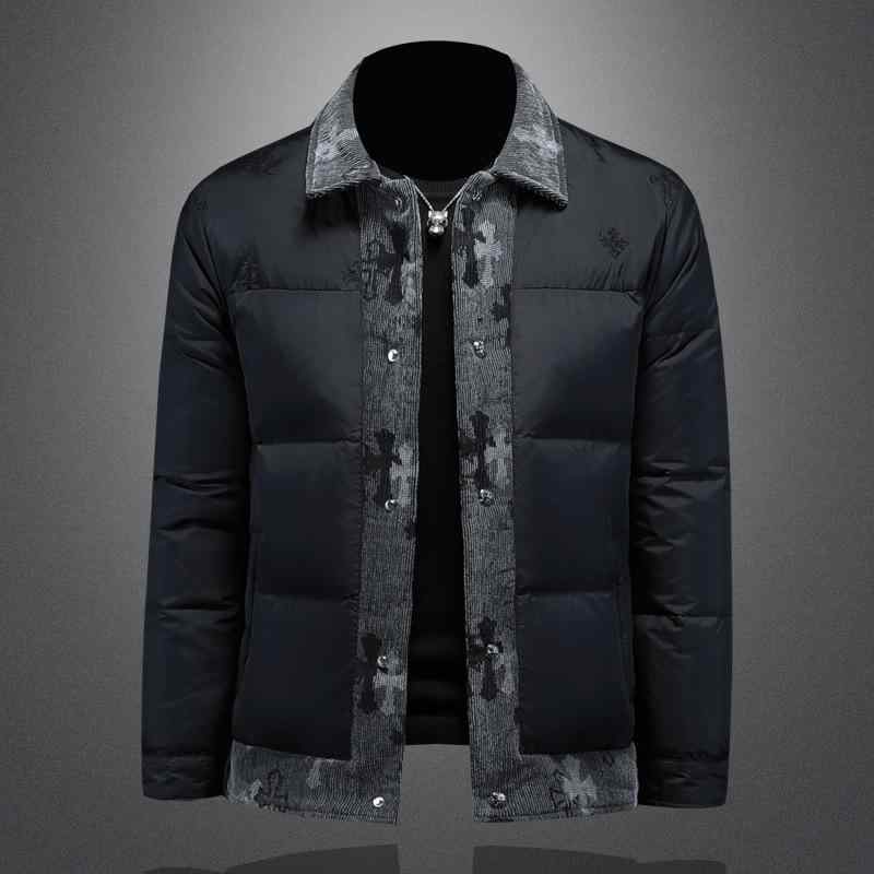 ダウンジャケット メンズ 男性用 プリント 切り替え フード付き アウター ブラック 軽量 あったか 秋冬
