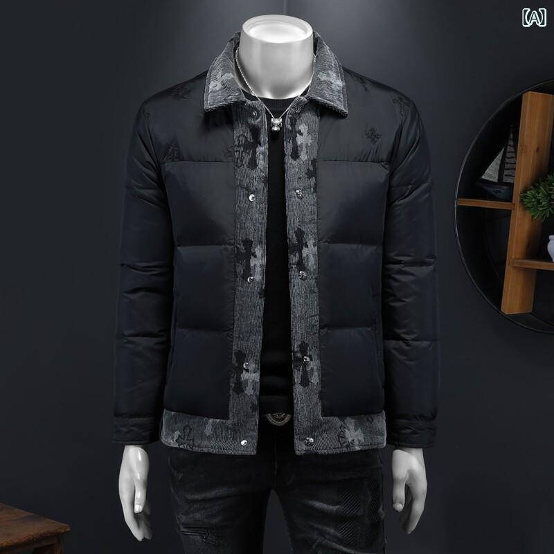 ダウンジャケット メンズ 男性用 プリント 切り替え フード付き アウター ブラック 軽量 あったか 秋冬