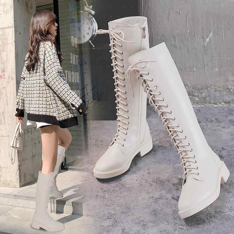 ブーツ レディース 騎士ブーツ 秋冬 高筒ブーツ ラウンドトゥ フラットヒール レースアップ サイドジッ..