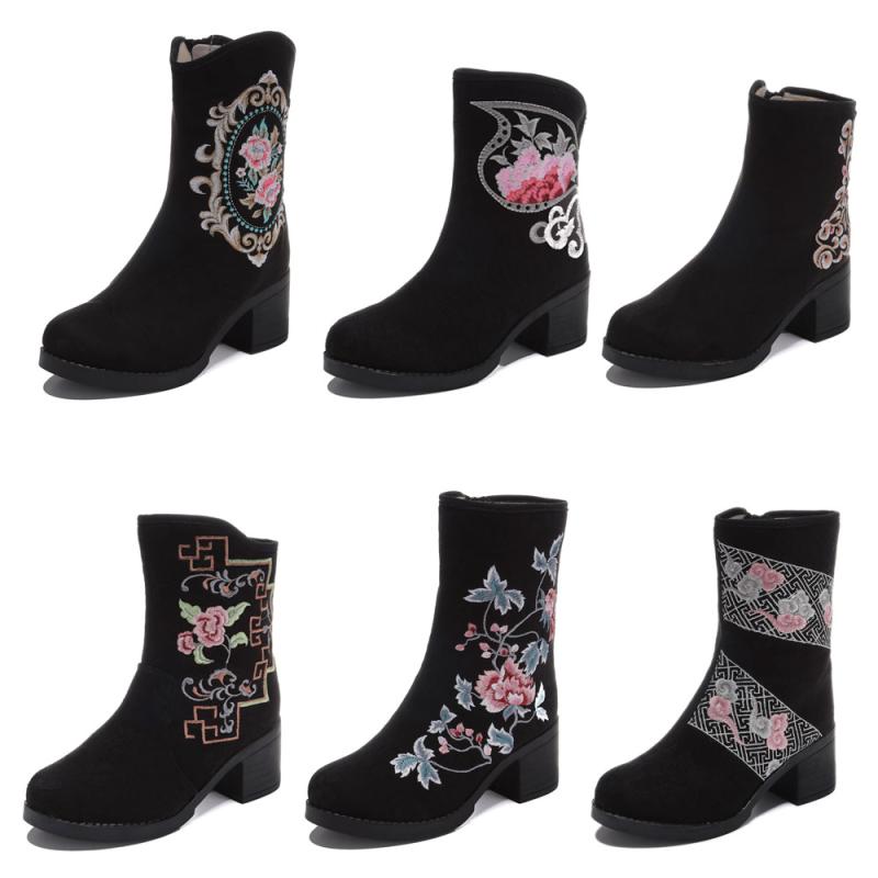 靴 レディース ショートブーツ 花柄 刺繍入り 布靴 秋冬 女性用 シューズ 方跟 婦人靴 ハイカット 普段使い