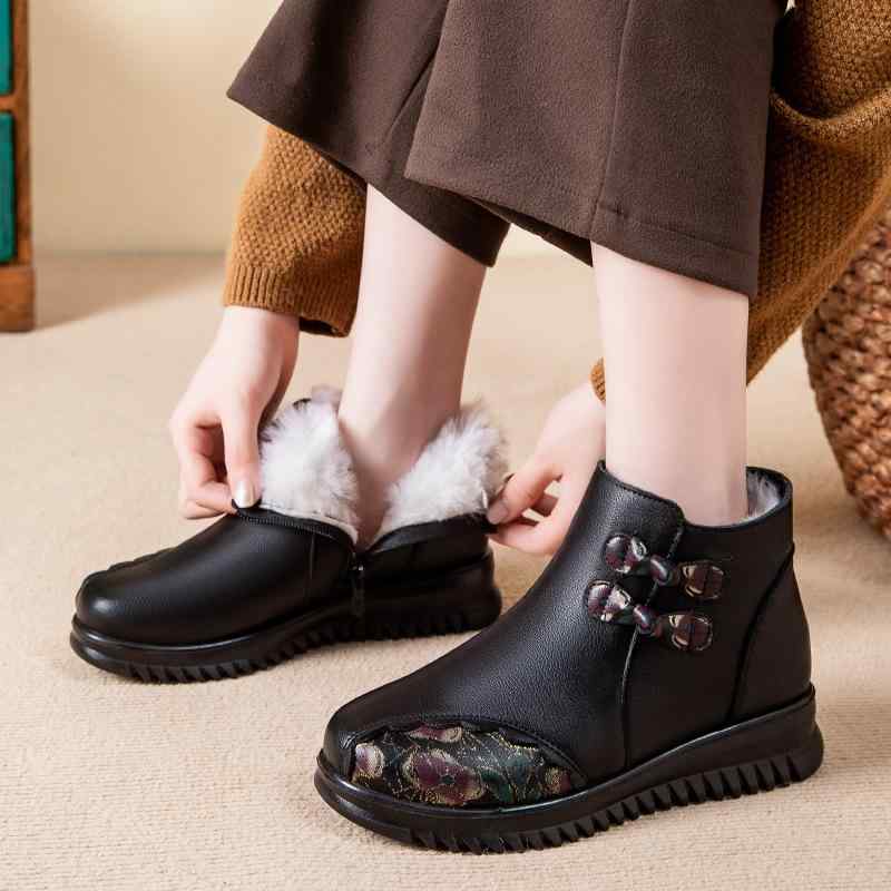 靴 レディース ミセス 婦人靴 ショートブーツ レザーシューズ 本革 スリッポン ローヒール ぺたんこ 歩きやすい 疲れない 滑り止め あたたかい 防寒 花柄 黒 秋冬