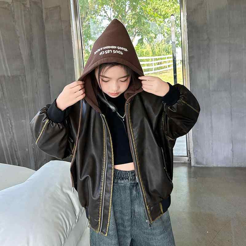 子供服 ジャケット 女の子 秋物 アウター PUレザー ジャンパー キッズ ガールズ 長袖 ショート丈 フード付き 120cm 130cm 140cm 150c...
