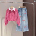 子供服 ニットセーター デニムパンツ セットアップ 女の子 長袖 丸首 刺繍 厚手 普段着 通学着 ピンク系 秋冬