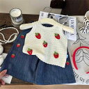 子供用セットアップ 女の子 夏物 田園風 ストロベリー柄 ニット ベスト パンツ 上下セット 80 90 100 110 120 130