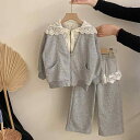 子供用ジャージ 上下セット ガールズ ニット パーカー レース 春秋 2点セット 普段着 グレー系