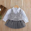 子供服 3点セット 女の子 ニットベスト 長袖シャツ ミニスカート 春秋 80 90 100 110 120 130 グレー 普段着 幼稚園 保育園 女児 幼児...