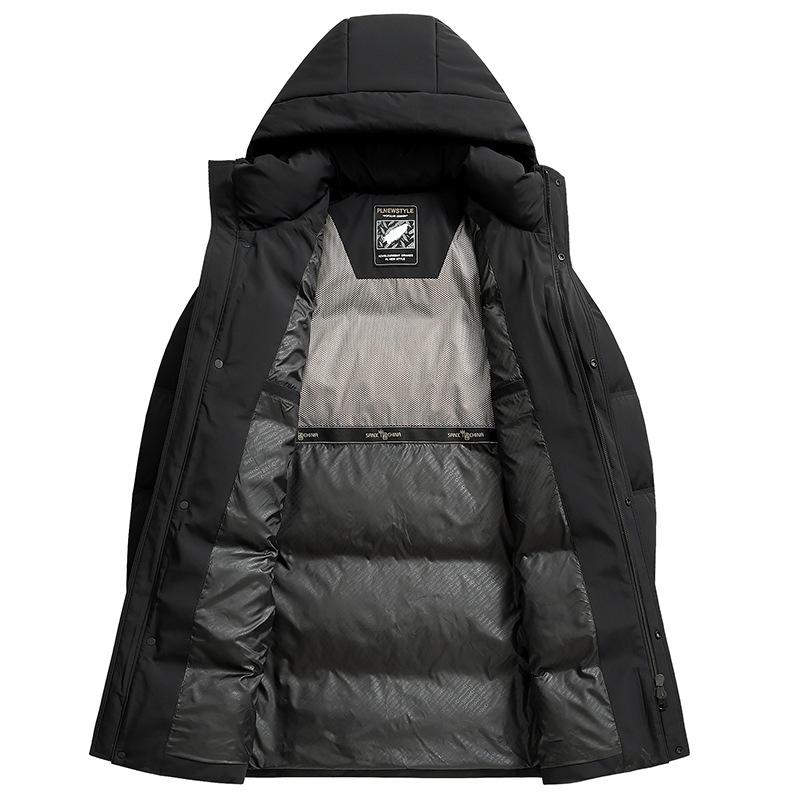 ダウンジャケット メンズ 男性用 厚手 ロング丈 フード付き 白ダックダウン 86～90％ 保温 防寒 アウター 秋冬 黒 ブラック エビ茶 普段使い