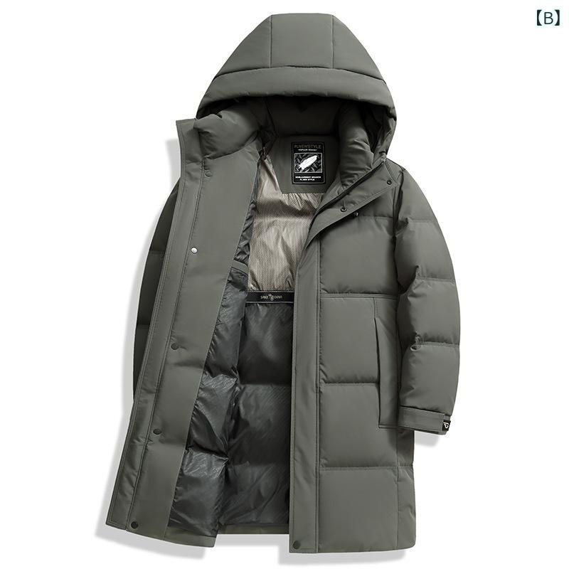 ダウンジャケット メンズ 男性用 厚手 ロング丈 フード付き 白ダックダウン 86～90％ 保温 防寒 アウター 秋冬 黒 ブラック エビ茶 普段使い