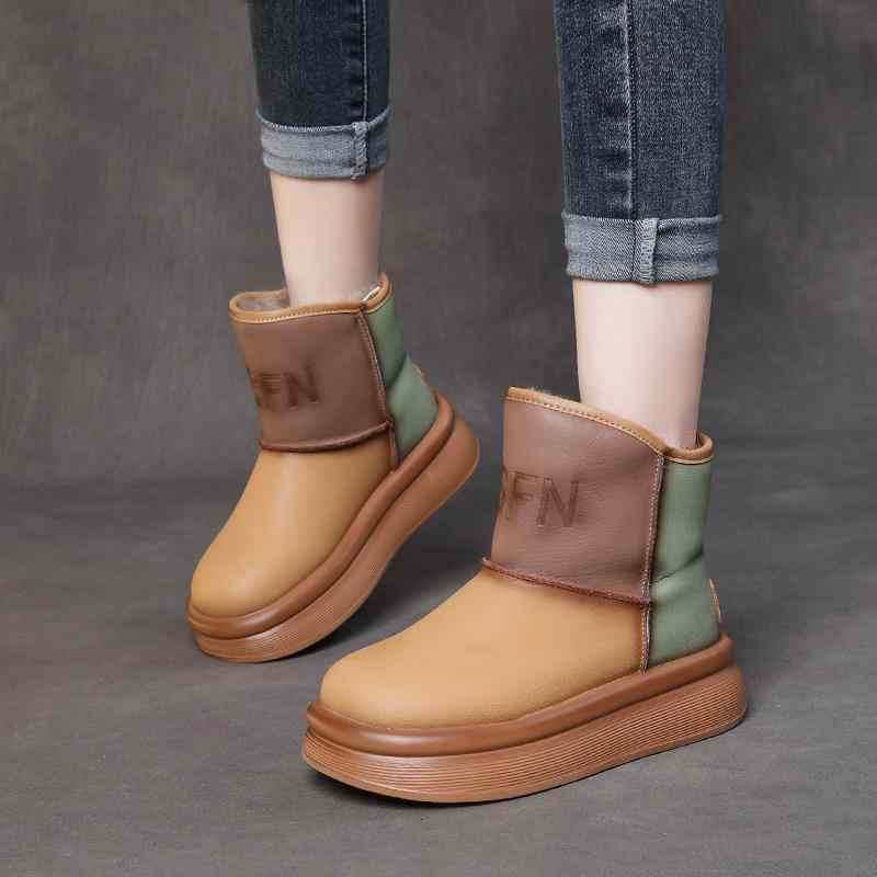 スノーブーツ レディース 本革 厚底 ミドル丈 防水 防寒 保温 ラウンドトゥ 婦人靴 カジュアル 冬 スリッポン ゴム底 切り替え バイカラー アイボリー イエローグリーン