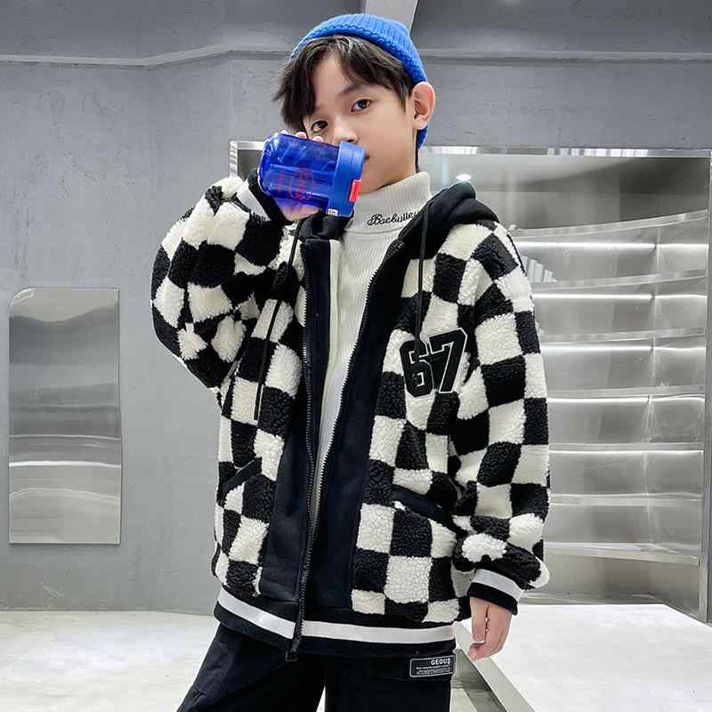 子供服 アウター 男の子 ボアジャケット 秋冬 厚手 Vネック チェック柄 ジャンパー 110cm 120cm 130cm 140cm 150cm 160cm ...