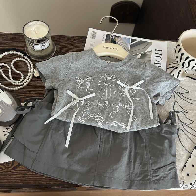 子供用セットアップ 女の子 半袖Tシャツ ワークパンツ 2点セット 蝶結び プリント 綿 薄手 グレー 80cm..
