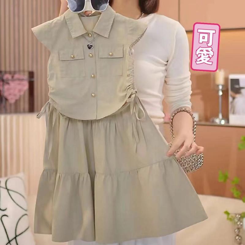 子供服 セットアップ ガールズ 春夏 半袖シャツ 膝丈スカート 2点セット 薄手 グレー 110 120 130 140 150 160