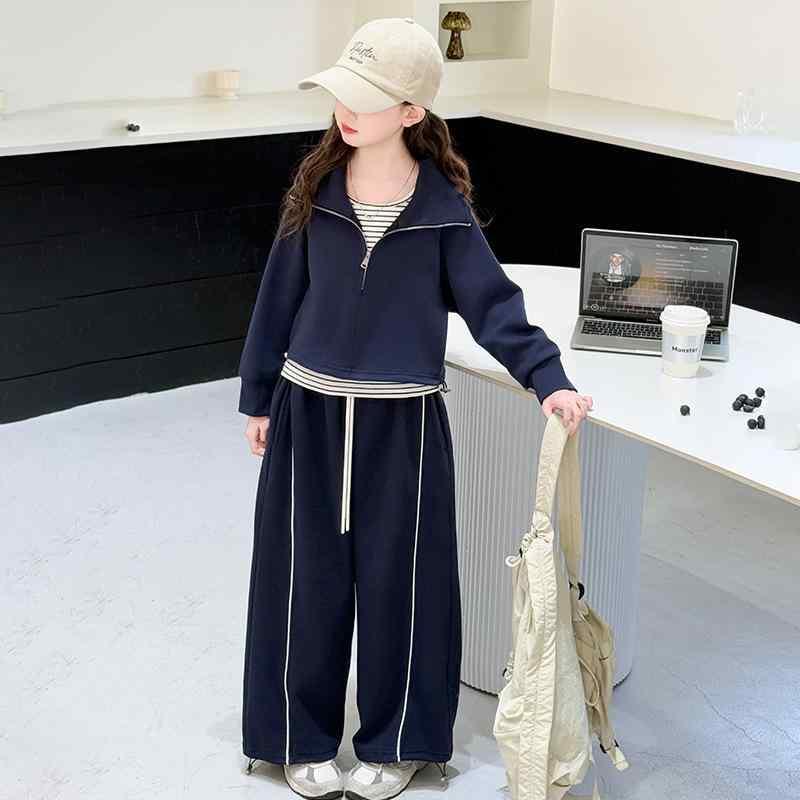 子供用ジャージ 上下セット 女の子 春秋 スポーツウェア ストライプ柄 スウェット パーカー ワイドレッグパンツ 3点セット 120cm 130cm 140cm 150cm 160cm 170cm