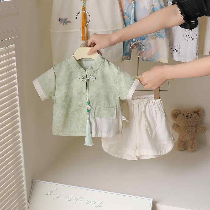 ベビー服 上下セット 春夏 半袖トップス 短パン 薄手 新中国スタイル 2点セット 70 80 90 100cm 甚平 パジャマ 部屋着 寝巻き 男の子 女の子