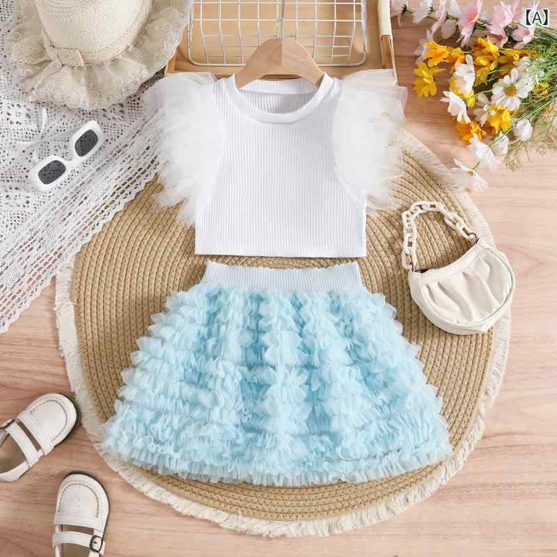 子供用ドレス 女の子 夏物 プリンセス風 チュールトップス バースデー フォーマル ケーキスカート 上下..