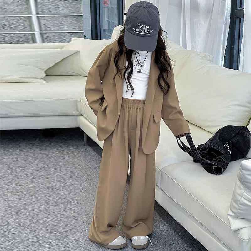 子供用スーツ 2点セット 女の子 春秋 子供服 上下セット テーラードジャケット パンツ フォーマル 発表会 卒園式 入学式 カーキ色 深灰色 120cm 130cm 140cm 150cm 160cm 170cm