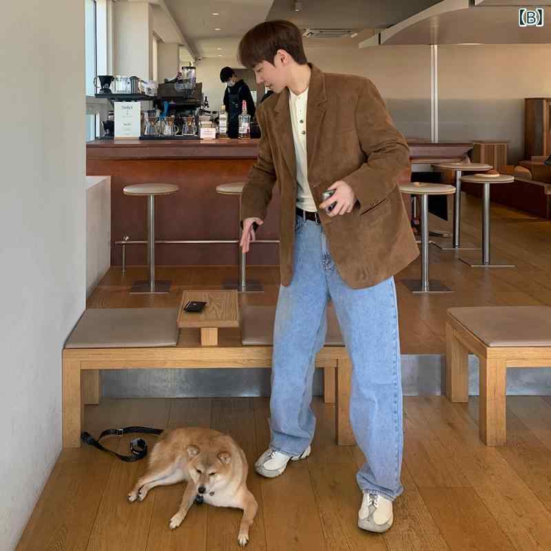 ジャケット メンズ テーラードジャケット 春物 韓国風 ゆったり ポリエステル 無地 ブラック ブラウン系 耐摩耗性