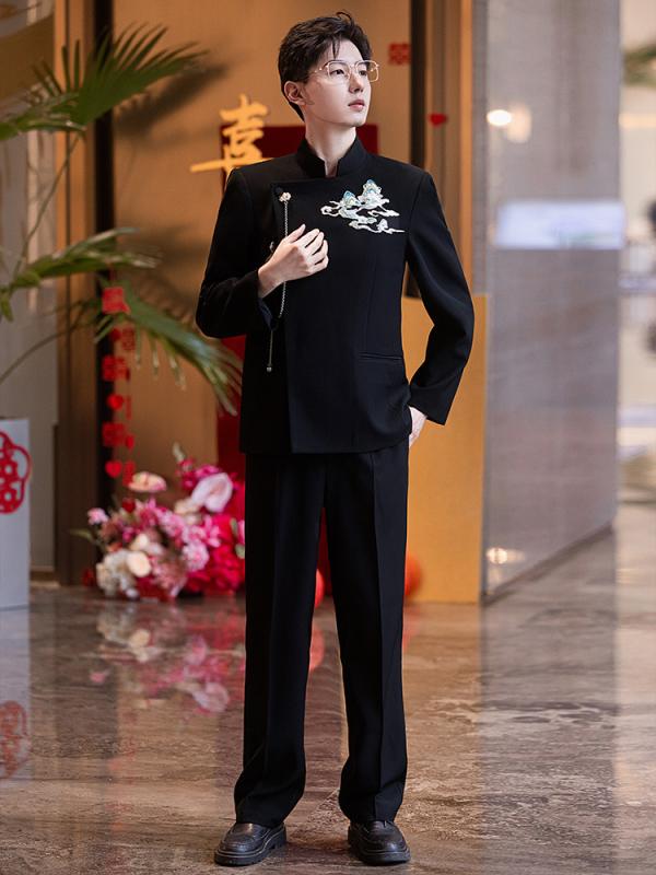 スーツ 男性用 結婚式 ウェディング フォーマル 新郎 衣装 婚約 黒色 刺繍 国風 ポリエステル 披露宴 パーティー 二次会