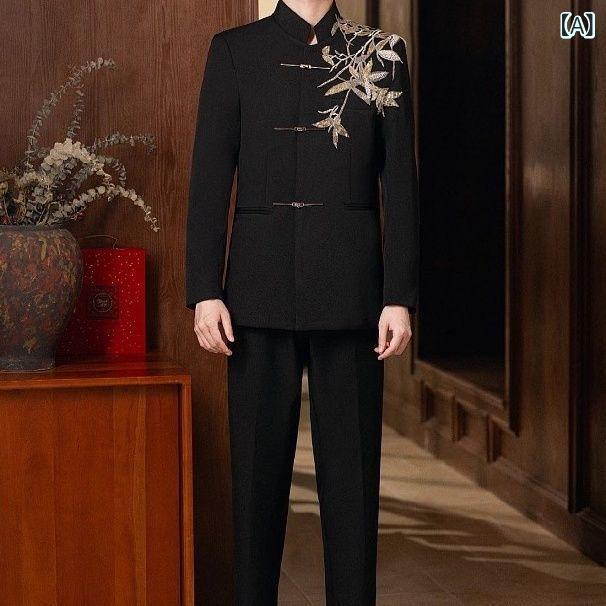 メンズ スーツ セットアップ チャイナ風 ジャケット パンツ リネン 結婚式 立襟 唐装 中山装 春