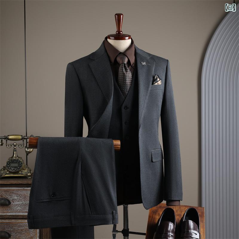 スーツ メンズ 男性用 ビジネス フォーマル 2点セット 高級感 ポリエステル ブラック 黒 グレー ネイビー 紺 春
