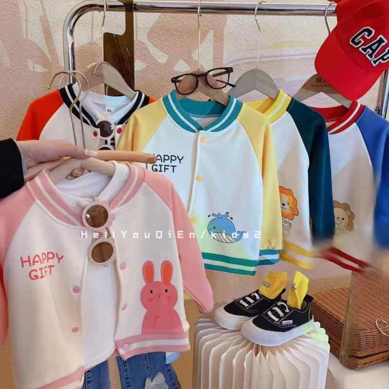 子供用野球ジャケット キッズ アウター 男の子 女の子 カーディガン カジュアル かわいい 韓国 秋冬 子供服 80 90 100 110 120 130 140 150 裏起毛 ポリエステル ブルー ピンク イエロー アニマル 小獅子 小ウサギ クジラ