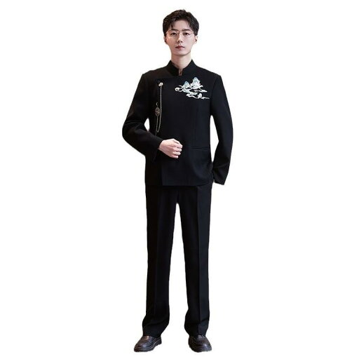 スーツ 男性用 結婚式 ウェディング フォーマル 新郎 衣装 婚約 黒色 刺繍 国風 ポリエステル 披露宴 パーティー 二次会