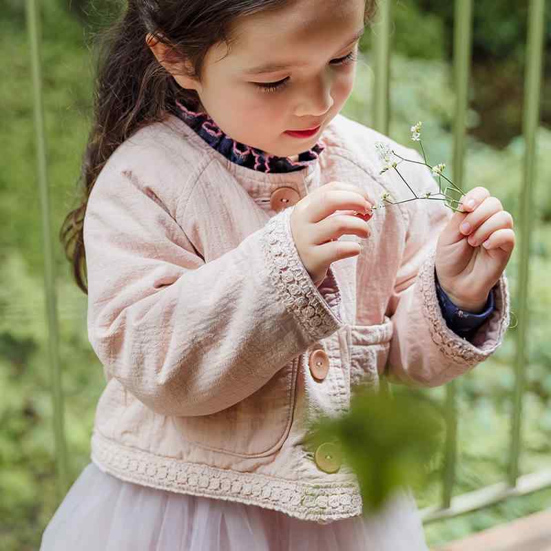 子供服 女の子 レース ジャケット ショート丈 アウター 長袖 綿100% 無地 ラウンドネック 秋 ピンク系 アイボリー 普段着