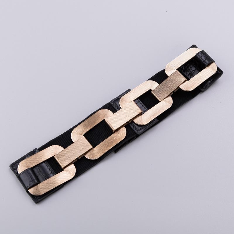 ベルト レディース メタルチェーン PUレザー ウエストマーク 飾りバックル ゴム ワンピース スカート スーツ ブラック 黒 グリーン 緑 幅広 伸縮性 アフリカ ヨーロッパ 南米 東南アジア 北米 東北アジア 中東