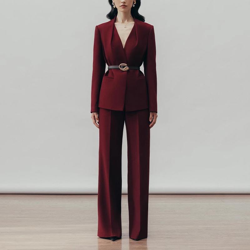 スーツ レディース 春秋 テーラードジャケット ワイドレッグパンツ セットアップ ポリエステル混紡 酒紅色 杏色 ブラック 長袖 エレガント